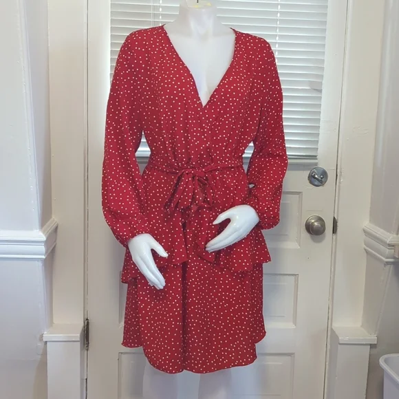 red and white polka dot wrap dress The Polka Dot Ruffle Wrap Dress - Red Women's Casual Wrap Dress, Stylish- Red - Dresses